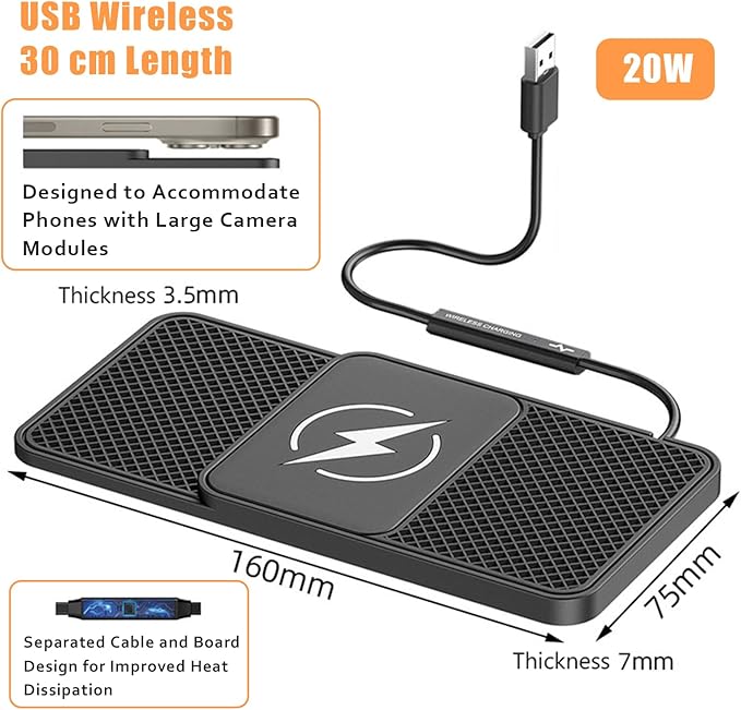 Wireless Car Phone Charger for Lexus RC 300/350/300 F SPORT/350 F Sport, Type C/USB 20W Fast Charging Pad, Non-Slip Charging Station for Travel Home Office Desk, Lightweight, USB