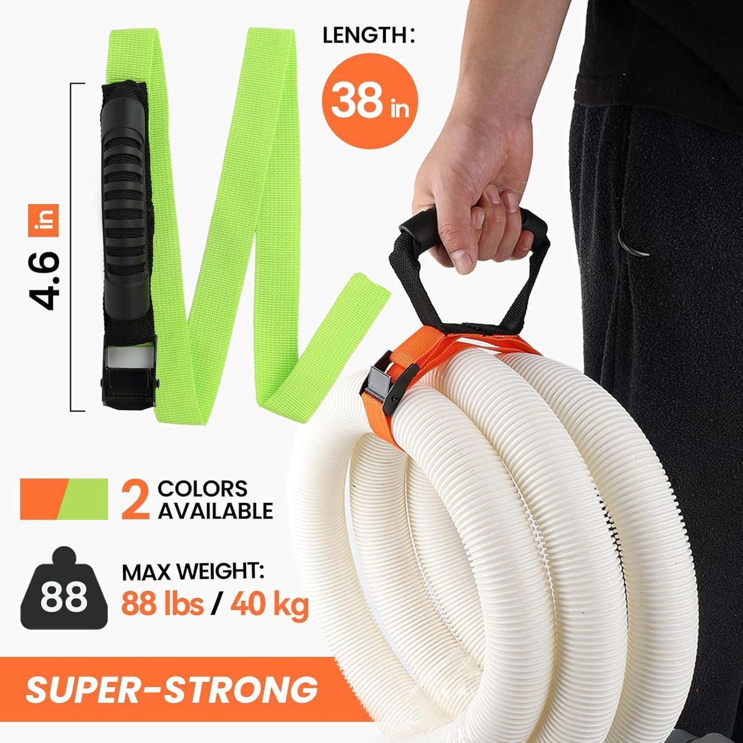 Heavy Duty Storage Straps with Handle and Easy Adjustable Steel Black Lock Slider Buckles,Extension Cord Strap for Cords Pool Hoses Ropes and Garden Hose (2 Pack)