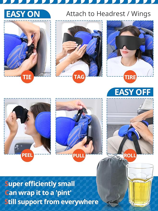 Travel Pillow for Airplanes, Airplane Pillow for Long Flight, Neck Pillow with Eye Mask for Sleeping, Portable Travel Pillow for Car Road Trip Headrest, Stop Bobblehead, Grey
