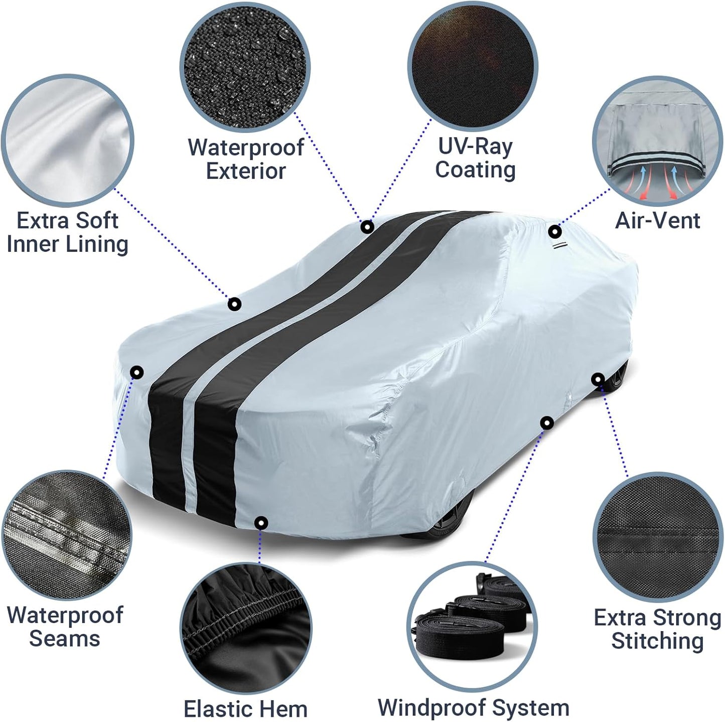 iCarCover Custom Car Cover for Pontiac Tempest Wagon (1964-1968) Waterproof All-Weather Rain Snow UV Sun Protector Full Exterior Indoor Outdoor Car Cover (Stripe - Gray/Black)