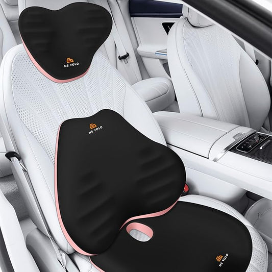 NS YOLO Ergonomic Car Seat Cushion with Comfort Memory Foam Neck Pillow, Car Pillow,Lumbar Support and Big Size Soft Seat Cushion for Driving Seat,Office Chair and Wheel Chair (Black and Pink-3 pcs)