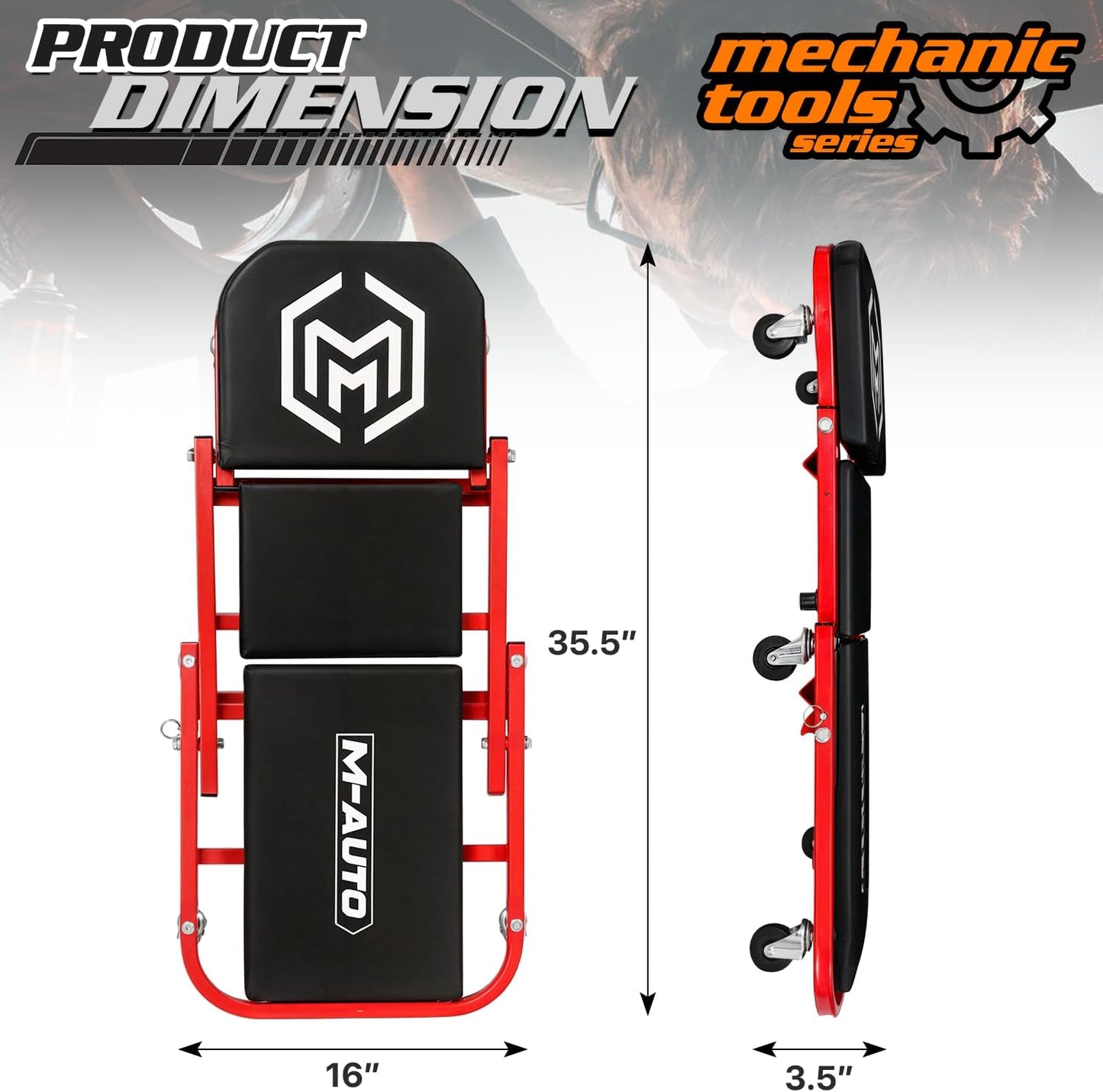 M-AUTO Foldable Z Creeper 2-in-1 Rolling Folding Car Creeper & Seat, 36" Adjustable Roller Garage Chair Lay Down or Sit, 330LBS Capacity Under Car Roller Creeper with 6 Swivel Casters, Red