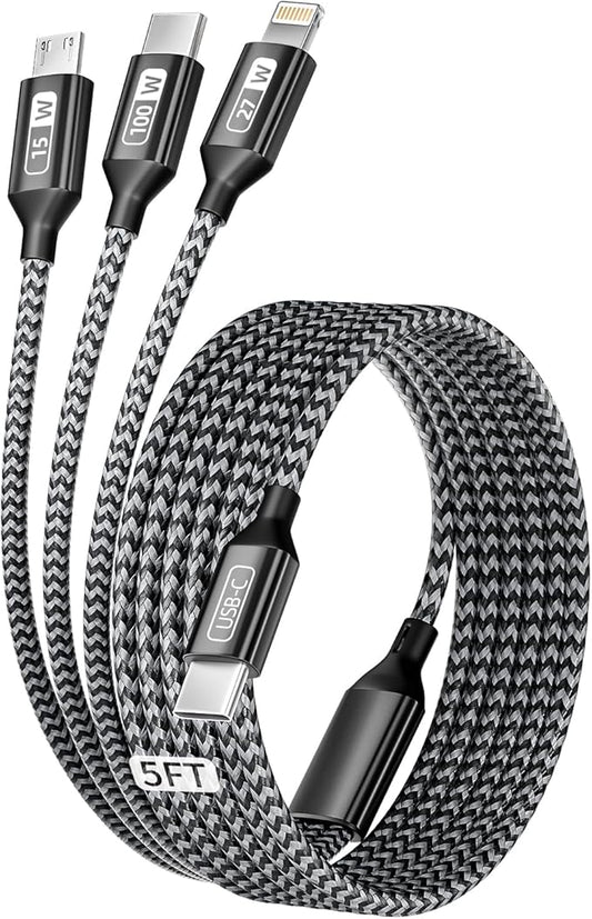 100W USB C Cable, Multi Charging Cable Fast Charging 5FT, 3 in 1 USB C Charger Cable with E-Mark Chip, Multi Charger Cord with Type-C, Micro USB, IP Port for iPhone16/15/MacBook/iPad/Samsung (1Pack)