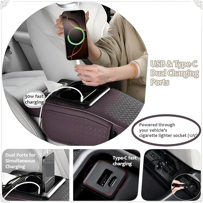2026 Enhanced Car Center Console Armrest Cushion with USB& Type-C Charging, PU Leather Console Pad with Cup Holders, Storage& Tissue Outlet for Most Vehicles (Sloped Version, Light Beige)