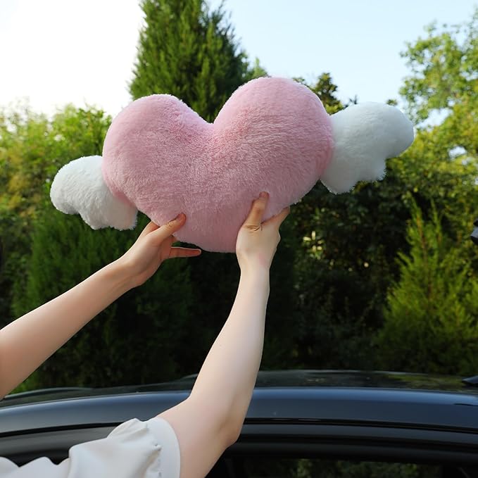 2 Pack Heart Shaped Cute Car Headrest Pillow with Angel Wings - Comfortable Soft Head Rest Cushion Kawaii Car Accessories Neck Pillow for Driving Travelling Office Home Decor - Grey Love Heart