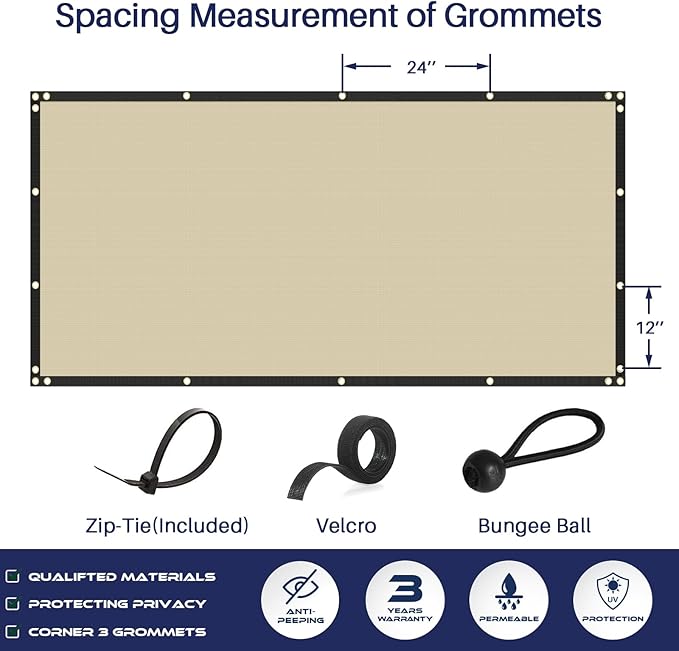 Windscreen4less Privacy Fence Screen Heavy Duty Windscreen Fencing Mesh Fabric Shade Net Cover with Brass Grommtes for Outdoor Wall Garden Yard Pool Deck, 8'x24' Beige
