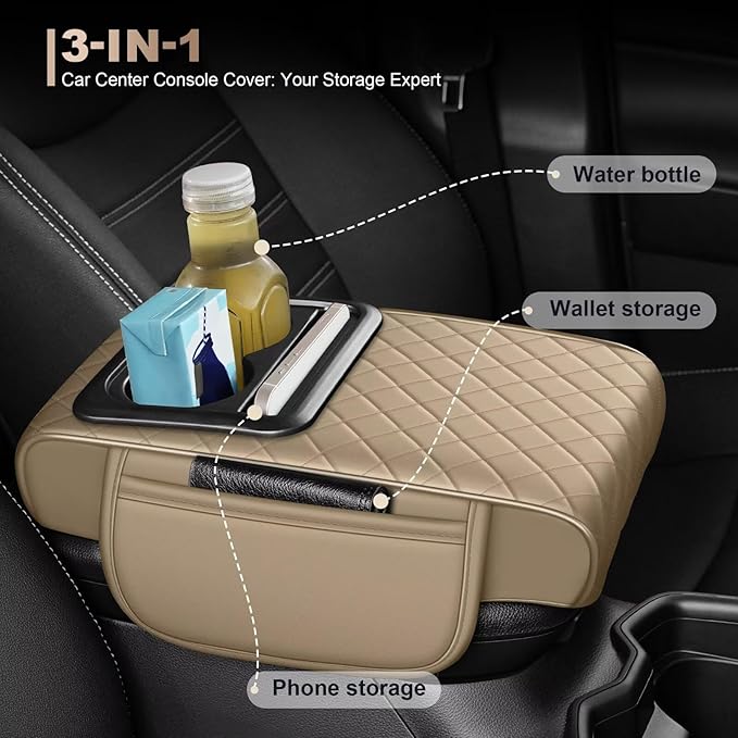 Center Console Cover Fit for Camry Faux Leather Car Armrest Cushion with Storage Bags, Cup Holder ＆ Phone Storage Multifunctional Middle Console Cover(Beige)