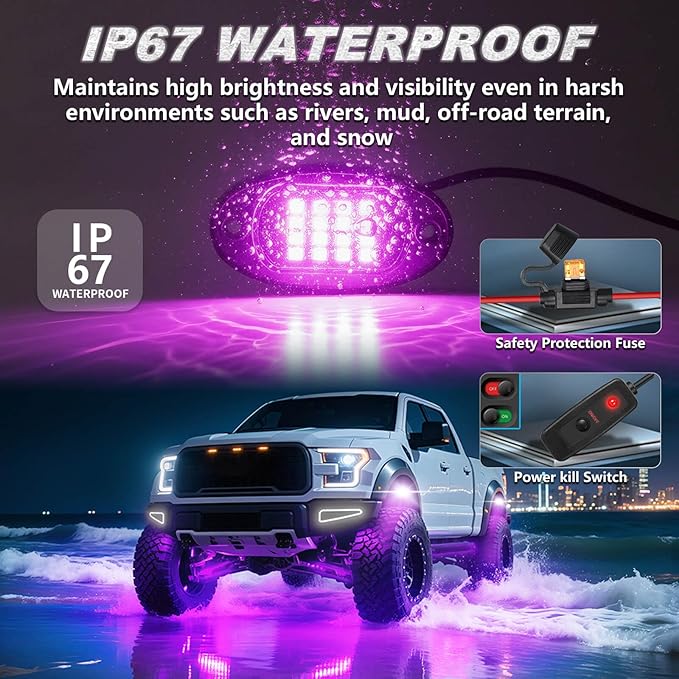 6Pods Segmented RGB LED Rock Lights Kit for ATV UTV 4 Wheeler Can-Am SXS RZR Side By Side Offroad Golf Cart with APP/RF Remote, Multicolor Underglow Accent Light Waterproof Vehicle Music 12V Underbody