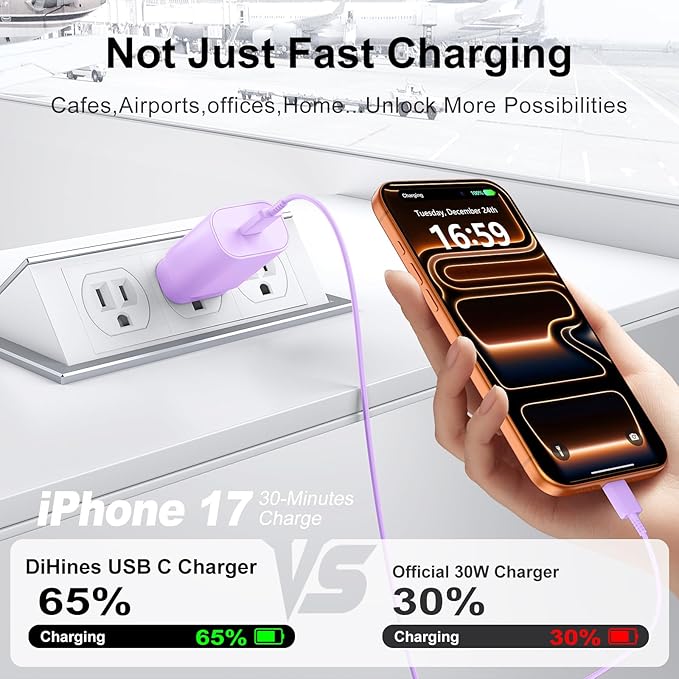 Phone 17 16 15 Charger Fast Charging,30W USB C Phone 17 16 15 Pro Max Charger Block &6.6FT Long Type C Cable Cord for i.Phone 17/Air/17 Pro/17 Pro Max/16/16 Plus/16Pro/16 Pro Max/15/15 Pro Max,Purple