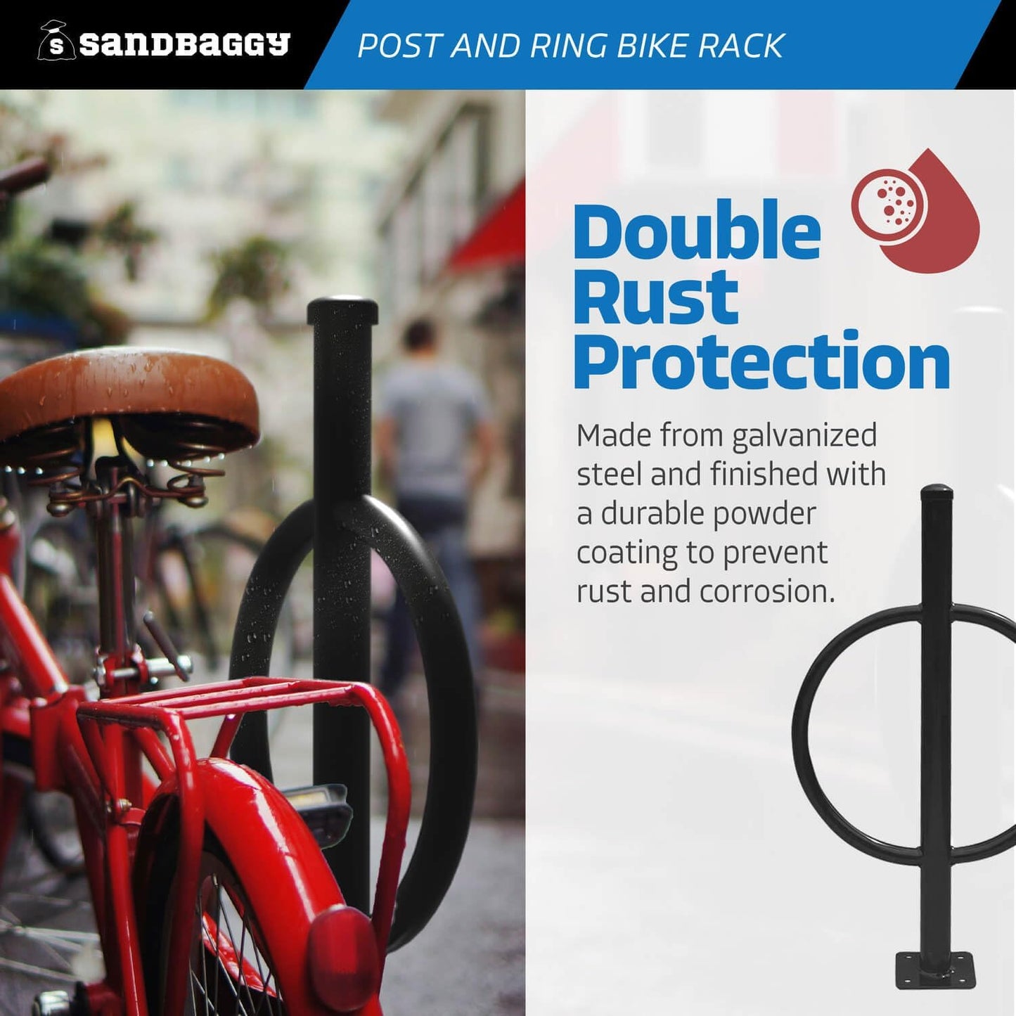 Sandbaggy Post and Ring Bike Rack - Commercial Bike Racks - Galvanized Steel - Anti-Theft Design - In Ground, Apartments, Sidewalks, Industrial (Blue, 20)