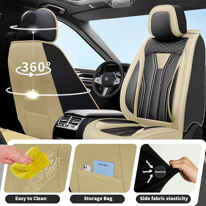 Fit Accord Car Seat Covers Premium Leather for Honda Accord 2012-2025 2026. Waterproof， Breathable, Scratch-Resistant & All-Weather Seat Cushion Protector（Full Set,Beige&Black
