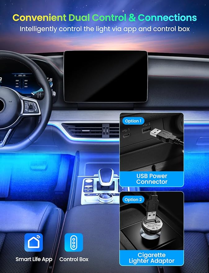 Pak Car LED Lights, Smart RGB 48 LED Car Interior Light with APP Control, Under Dash Car Strip Lights, Music Mode, DIY Mode, 2 Lines Design with Car Charger, Ambient Lighting for Cars, SUVs, Trucks