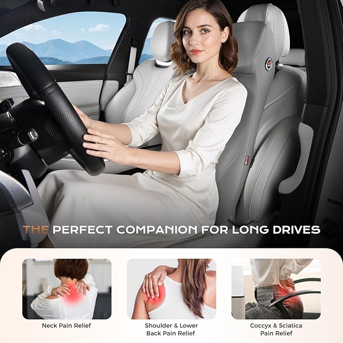 Coverado Upgraded Lumbar Support Pillow and Car Neck Pillow, Ergonomic Memory Foam Integrated Car Cushion Back Neck Support Pillow, Soft Leather Cushion Back Pain Relief for Car Seat Driving, Gray