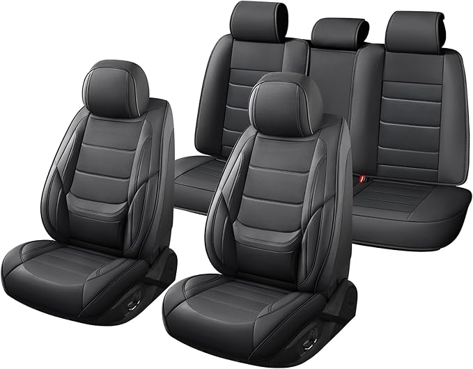 Car Seat Covers Full Set Custom Fit for Ford Escape 2001-2026 - Premium Faux Leather with Lumbar Support, Breathable, Anti-Slip & Full Wrapping Edge (Black,Full Set)
