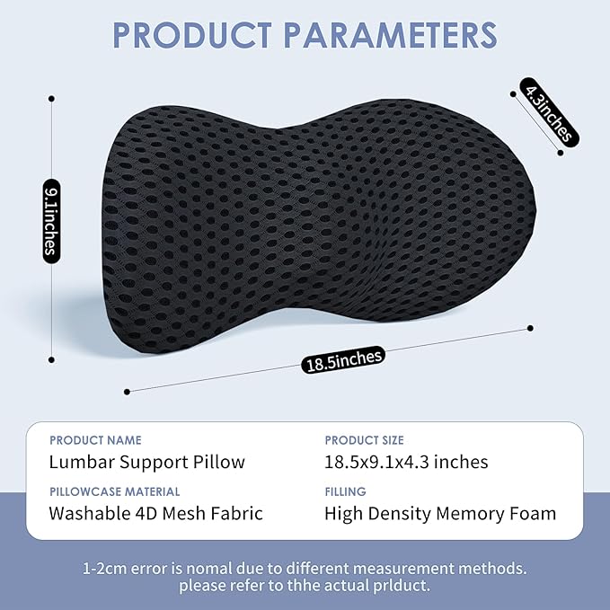 Lumbar Support Pillow, Back Pillow for Low Back Pain Relief, Ergonomic Streamline Car Seat, Office Chair, Recliner and Bed (Black)