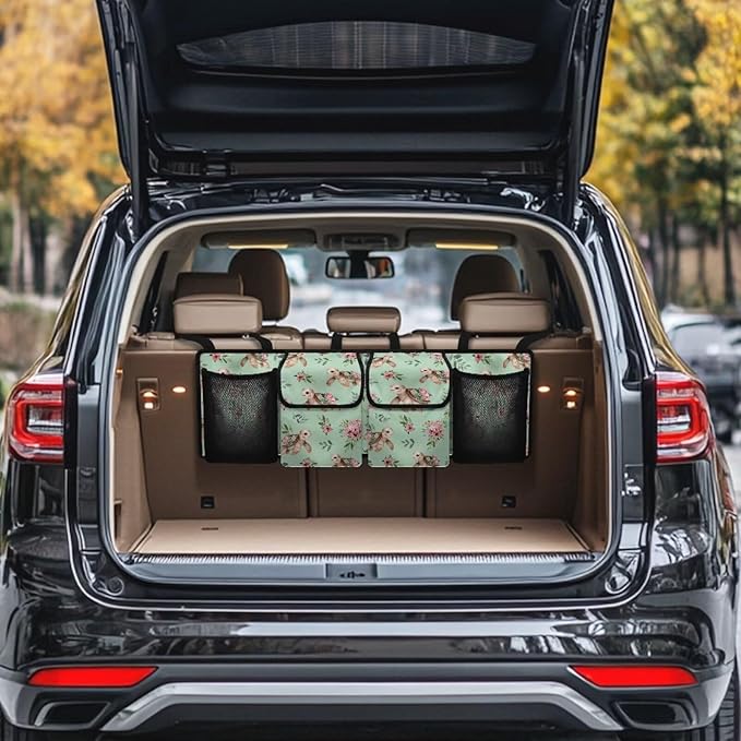 Sea Turtle Flower Car Trunk Organizer, Backseat Hanging Large Storage with Adjustable Straps & 4 Pockets, Waterproof Cargo Bag, Car Interior Accessories