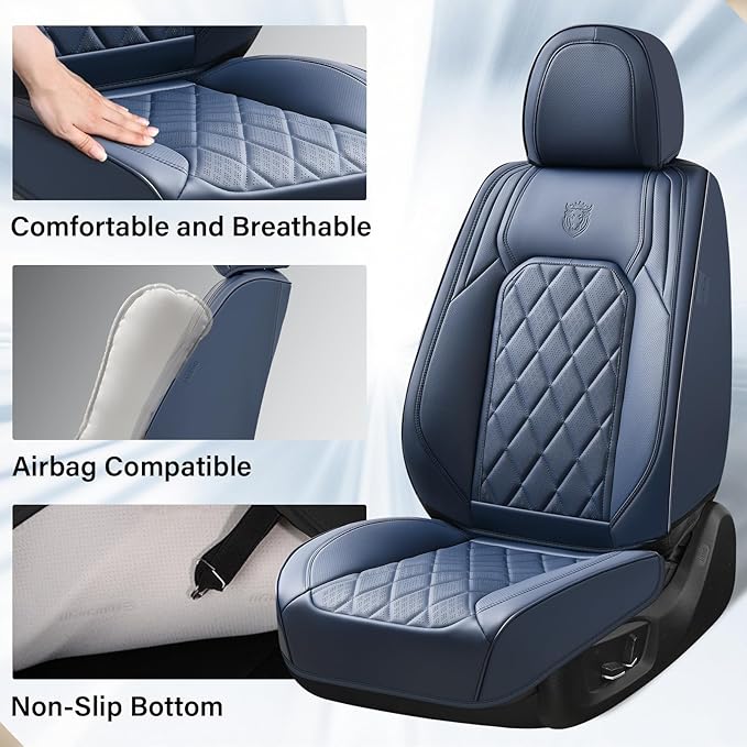 Coverado Car Seat Covers Full Set, Luxury Faux Leather Seat Covers for Cars, Waterproof Car Seat Protector, Blue Car Seat Cover, Universal Automotive Seat Covers Fit for Most Sedan SUV Trucks