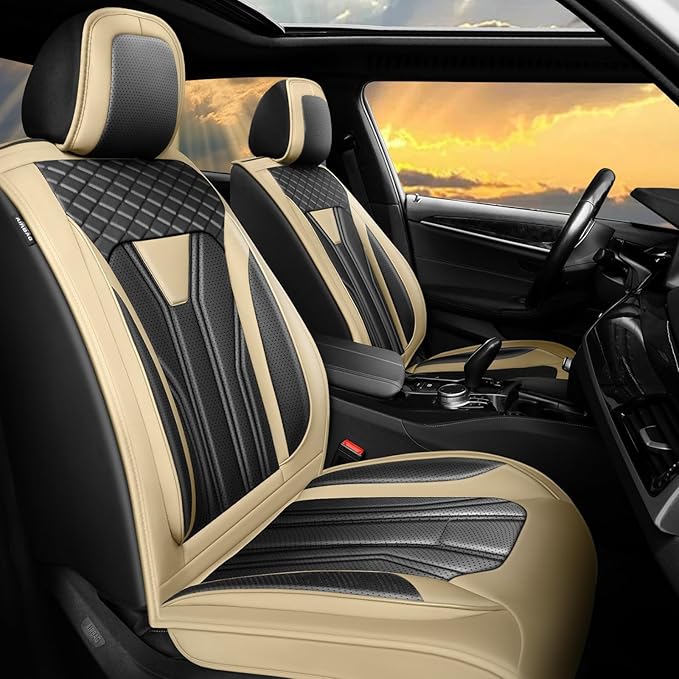 Fit Tucson Car Seat Covers Premium Leather for Hyundai Tucson 2010-2025 2026. Waterproof， Breathable, Scratch-Resistant & All-Weather Seat Cushion Protector (Full Set, Beige&Black)
