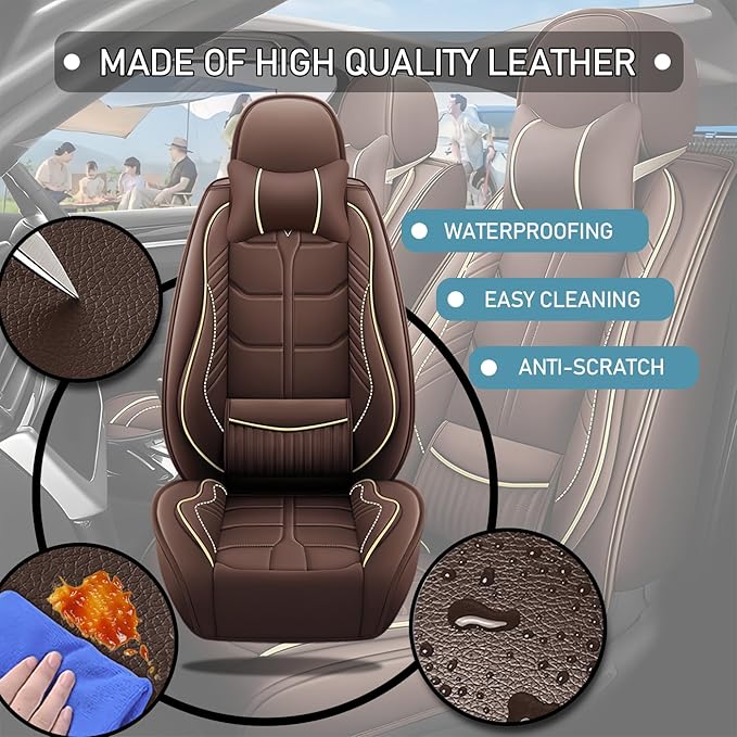Leather Car Seat Covers Fit for Toyota Prius 2004-2024, 5 Seater Car Seat Cover, Premium Waterproof, Scratch Resistant Car Interior Accessories (Full Set with Pillow Coffee)