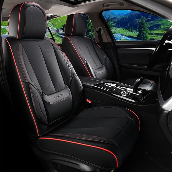 Coverado Seat Covers, Car Seat Covers Full Set, Leather Seat Covers for Cars, Car Seat Protector, Black Car Seat Covers Front Seats and Back Seats Universal Fit for Most Cars Redline