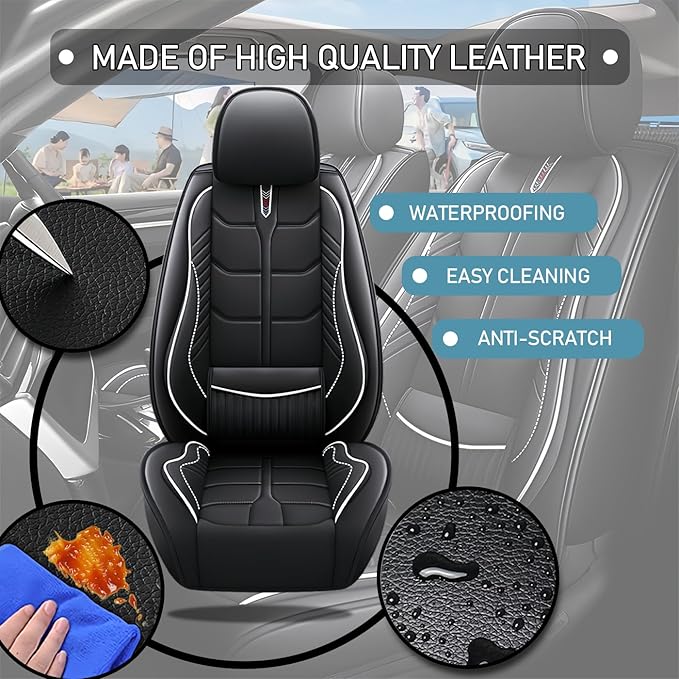 Leather Car Seat Covers Fit for Toyota Camry 2002-2024, 5 Seater Car Seat Cover, Premium Waterproof, Scratch Resistant Car Interior Accessories (Full Set Black White)