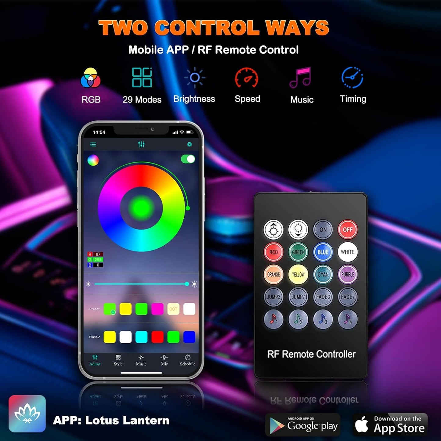 USB Interior Car LED Strip Lights with Wireless APP and Remote Control, RGB 6 in 1 Ambient Lighting Kits with 315 inches 3.0mm Fiber Optic, 16 Million Colors Car Neon Lights, Sync to Music