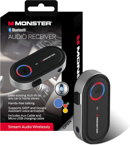 Monster Bluetooth Receiver for Car and Home, Bluetooth Car Adapter Audio Receiver with 3.5mm Aux, Microphone, Google Voice & Siri Compatible, Hands-Free Calls, for Headphones Speakers Vehicles Planes