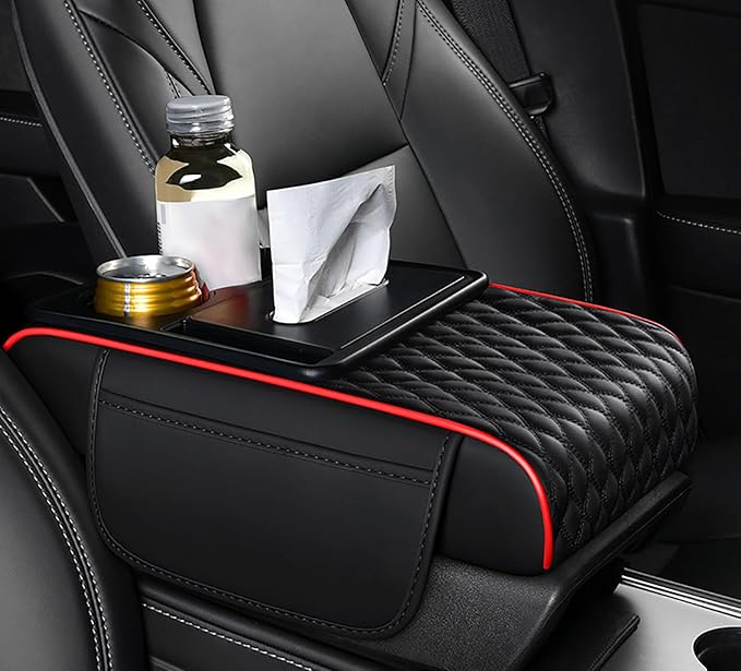 Car Armrest Center Console Cover for Hyundai Santa Fe 2000–2025, Center Console Pad with Cup Holder, Multifunctional Armrest Cushion,A Black+Red