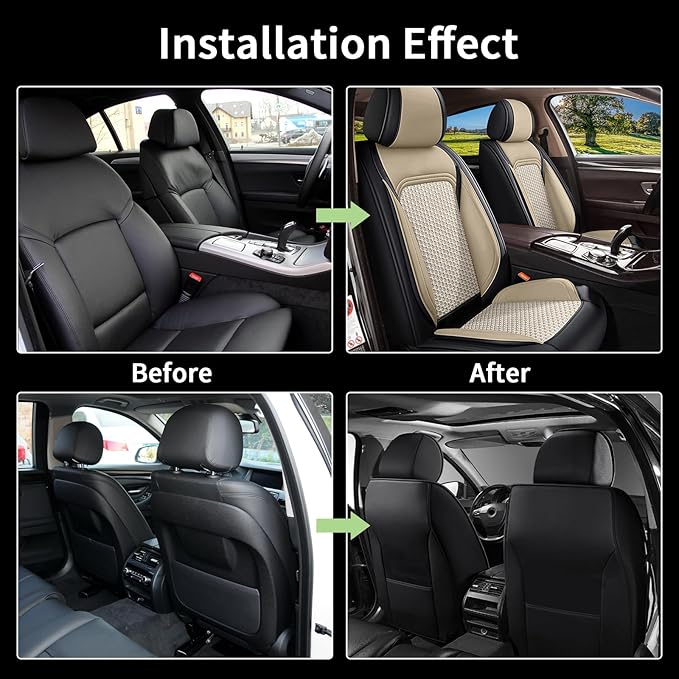 Car Seat Covers Front Seats for Mazda 3 2007-2019, Mazda3 Breathable Cooling Ice Silk Leather Car Seat Covers, 2 Seats Vehicle Seat Protector Seat Cushion Auto Accessories (Black&Beige)
