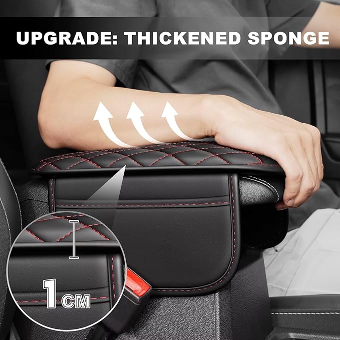 Upgraded Car Center Console Cover Fit for RAV4 Faux Leather Car Armrest Cover Cushion with 2 Storage Bags,Car Armrest Storage Box Interior Accessories(Black&Redline)