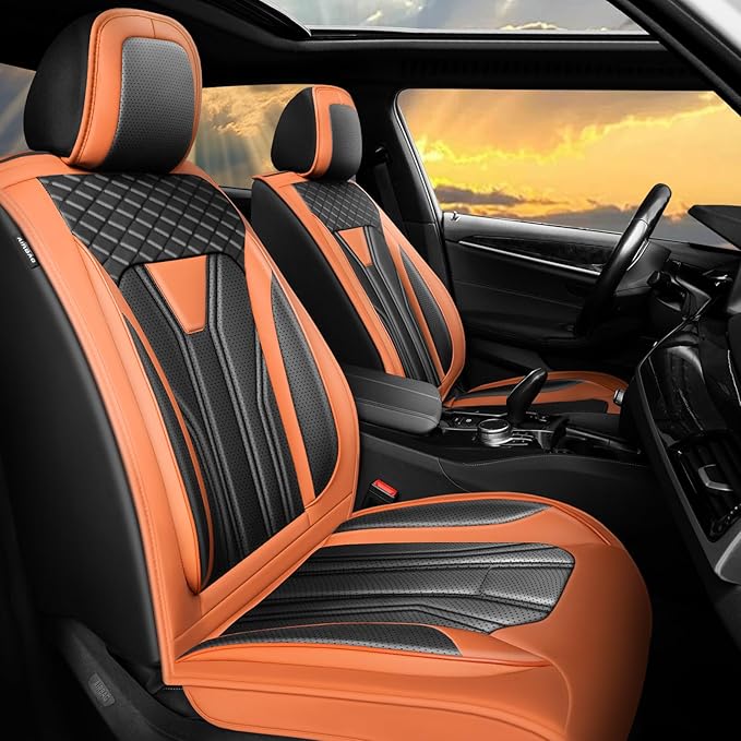 Fit Frontier Car Seat Covers Compatible with Nissan Frontier 2010-2025 2026 - Full Set Premium Leather， Waterproof Breathable， All-Weather Seat Cushion Protecto&Airbag Compatible （Orange&Black