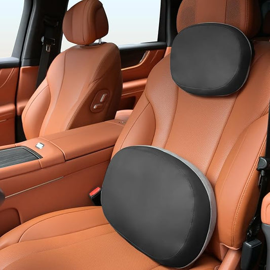 FLORICH Lumbar Support with Headrest Pillow Double-Sided Suede & Leather Car Neck Pillow and Back Cushion Kit Ergonomic Back Rest Pillow Neck Back Pain Relief for Car, Office Chair, Black