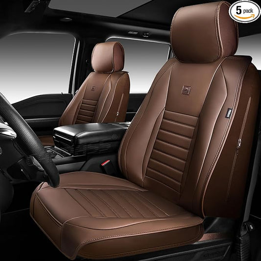 CAR PASS Nappa Leather Car Seat Covers Full Set, Luxury Seat Protector for Cars, Waterproof Anti-Slip Seat Cushion Armrest Compatible Airbag Universal for Sedan SUV Pick-up Truck Auto,Brown