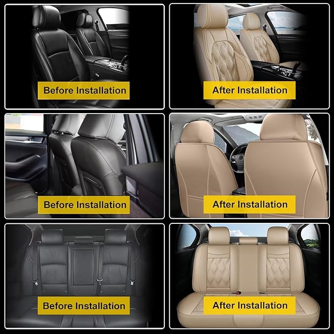 AOMSAZTO Car Seat Cover Full Set 5 Seats Fit for Nissan Titan 2009-2025 2026 Leather Car Seat Cushion Protector Compatible Airbag Waterproof Automotive Seat Covers Auto Seat Cushions Beige