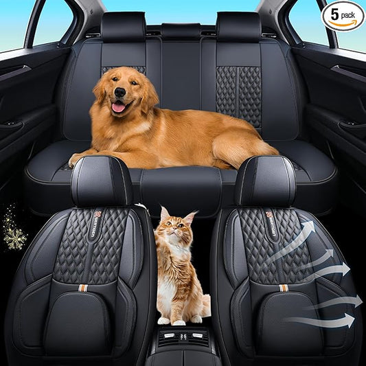 Black Car Seat Cover Complete Set, Universal Car Seat Cover for Car with Lumbar Support, Premium Artificial Leather, Waterproof and Easy to Clean, Airbag Compatible, Suitable for Most Cars