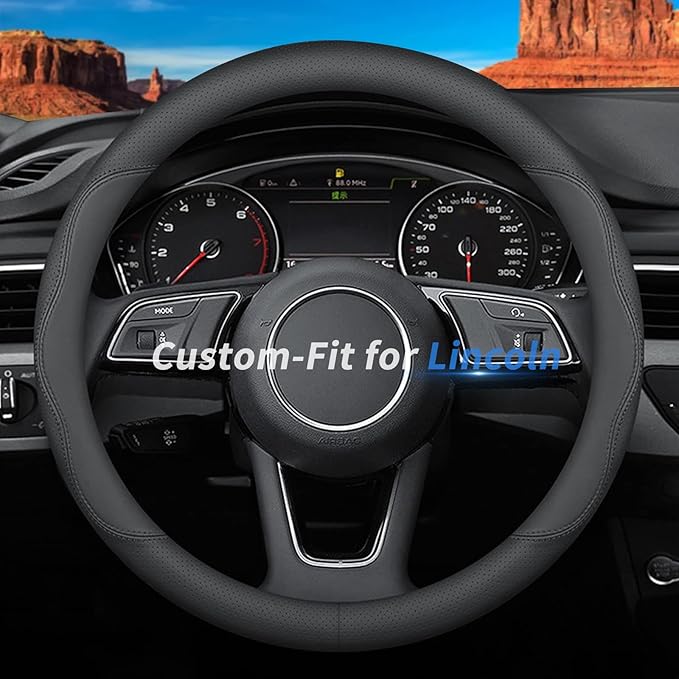Custom-Fit for Lincoln Steering Wheel Cover, Premium Leather Car Steering Wheel Cover with Logo, Non-Slip, Breathable, for Lincoln Accessories (B-Style,for Lincoln)