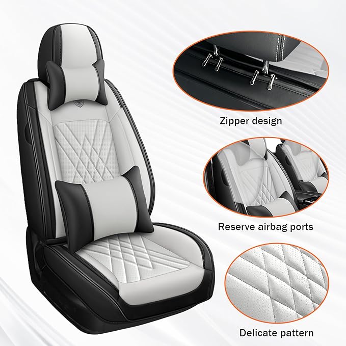 Car Seat Covers Compatible with Toyota Camry 2012-2026 Durable Waterproof Automotive Seat Covers Stretchable, Airbag Compatibility, Premium Nappa Leather(Black White, 2 Pcs Front with Pillow)