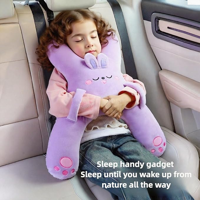 Car Pillow for Travel – Animal-Themed Car Seat Cushion with Safety Belt Protector – 4 Cute Styles: Pig, Dog, Rabbit, Panda (Rabbit)