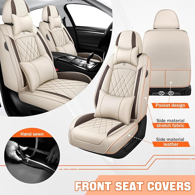 Car Seat Covers Compatible with Toyota Camry 1999-2026 Durable Waterproof Automotive Seat Covers Stretchable Fabric Material, Airbag Compatibility, Nappa Leather(Full Set with Pillow, Beige Brown)