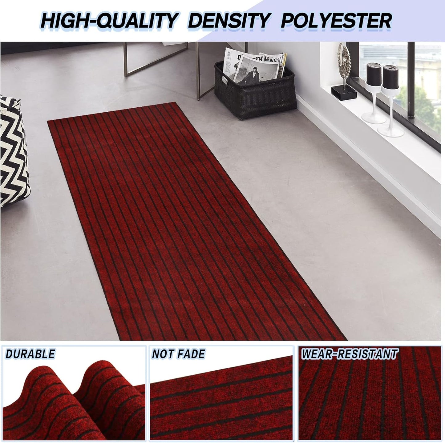 Custom Size Backed Non-Slip Area Rugs Runner, Easy Clean, Waterproof Runner Rugs for Hallway Entryway, Kitchen, Laundry, 2FT x 38FT, Red Stripe