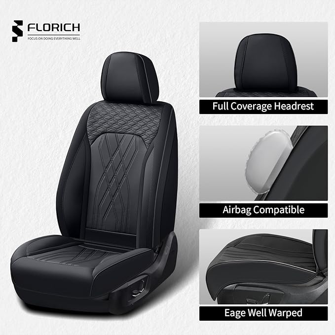 FLORICH Leather Cars Seat Covers Full Set Waterproof Automotive Seat Covers Front and Rear 5 Seats Full Wrapping Edge Seat Protector Cushion Universal Fit for Most Car Truck SUV, Black