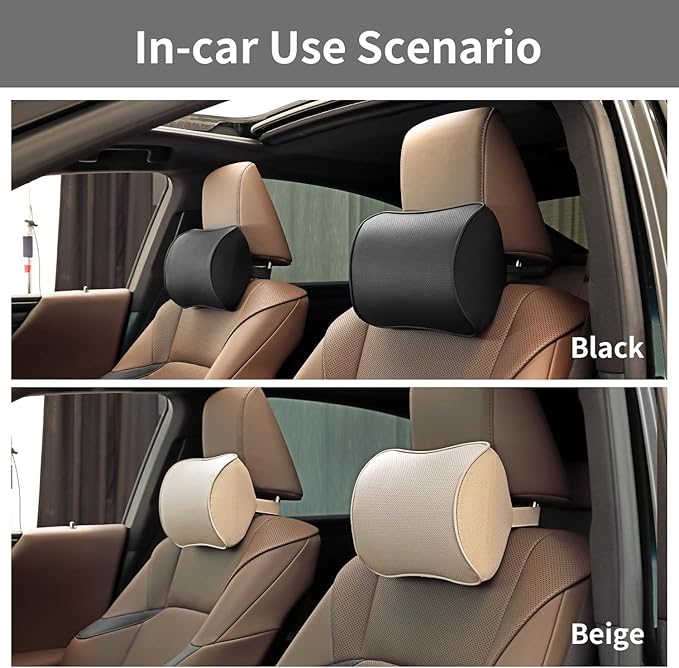 Car Headrest Pillow, Soft Memory Foam Car Neck Pillow with Adjustable Strap, Removable Breathable Cover for Long Drives & Office (Beige, Pack of 2)