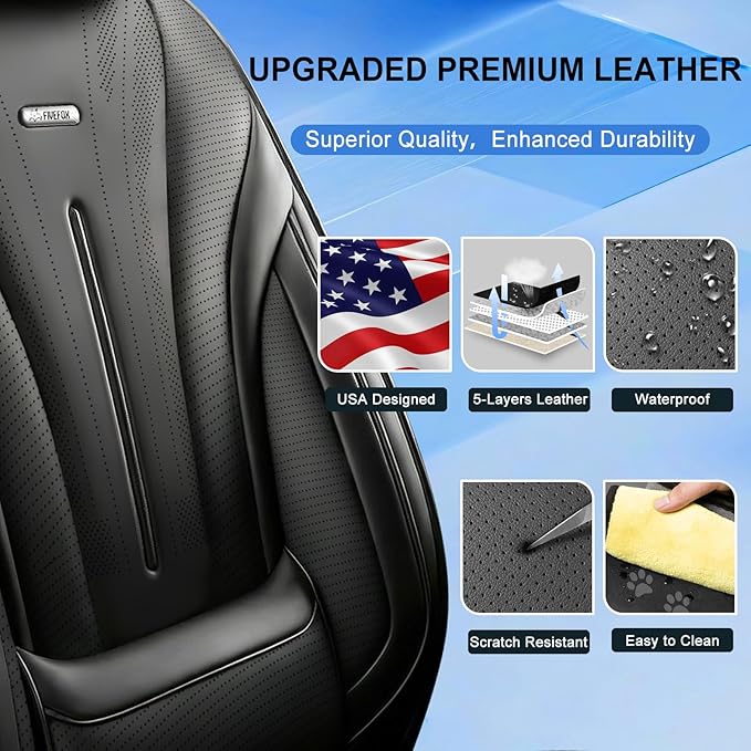Fit Ridgeline Car Seat Covers for Select Honda Ridgeline 2007-2026 - Premium Full Coverage Leather, Airbag Compatible, Waterproof & All Weather Seat Cushion Protector, Full Set, Black
