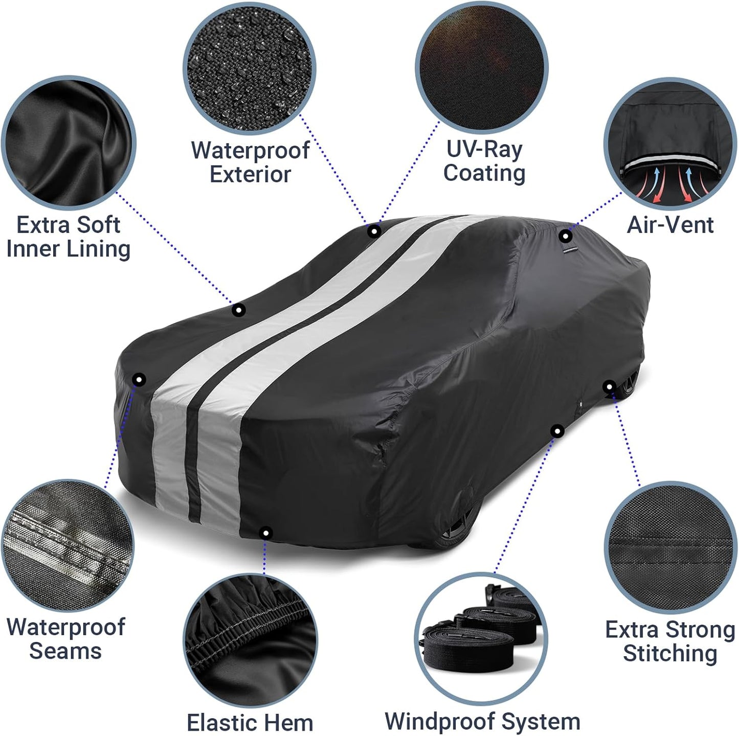 iCarCover Custom Car Cover for Pontiac GTO (1974) Waterproof All-Weather Rain Snow UV Sun Protector Full Exterior Indoor Outdoor Car Cover (Stripe - Black/Gray)