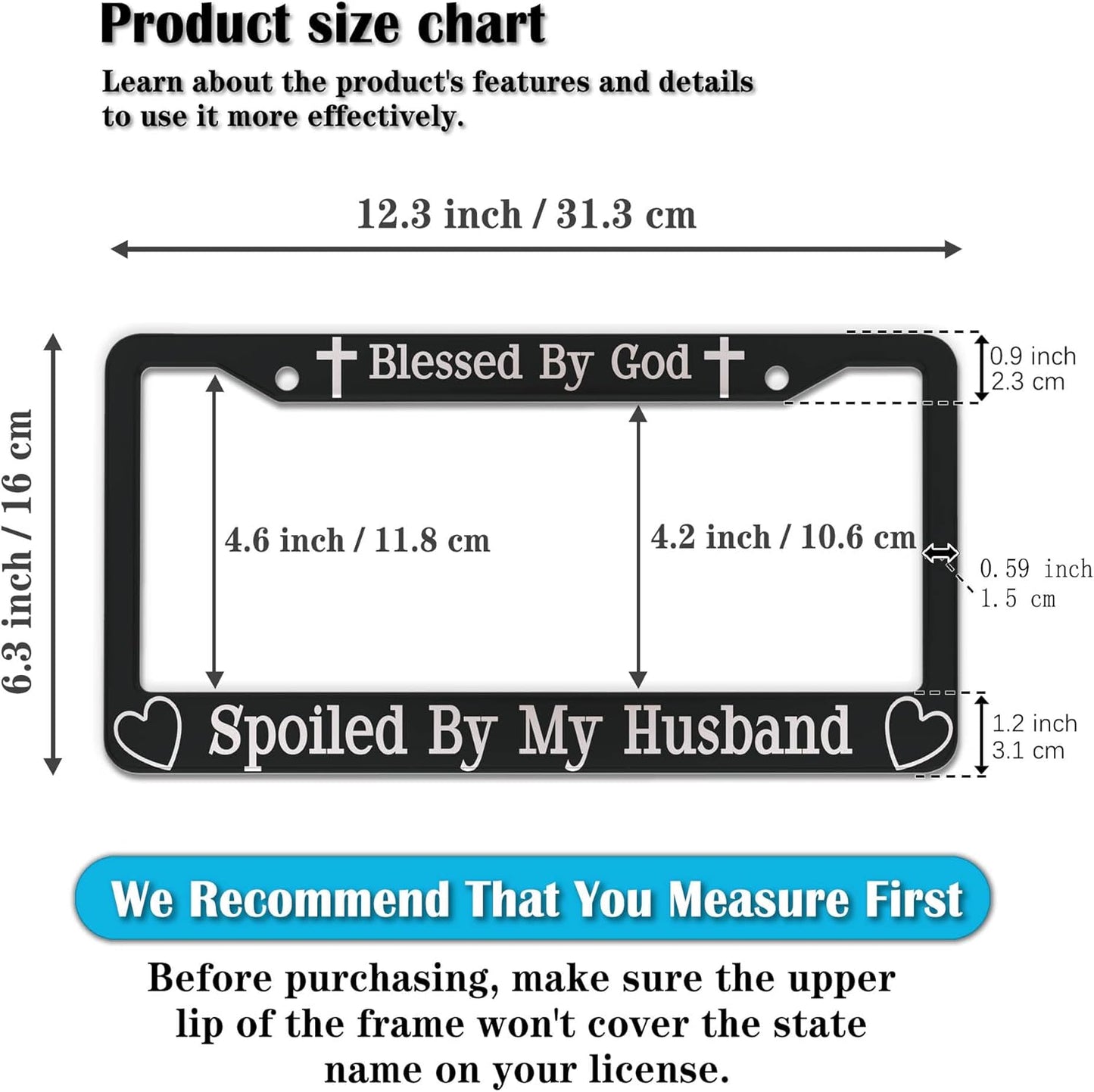 License Plate Frames Black and White Front License Plate Bracket Blessed by God Spoiled by My Husband Aluminum Metal Car Accessory 2 Pack with Screw Covers Set
