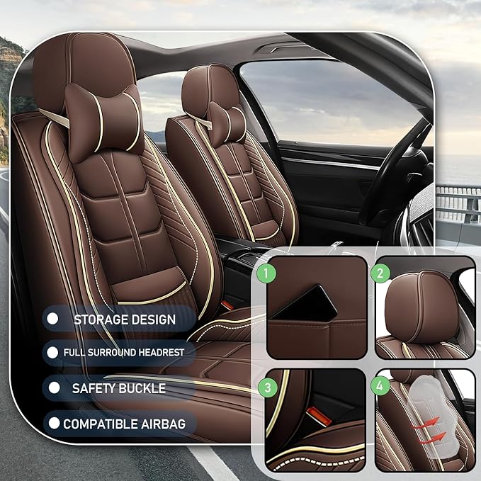 Leather Car Seat Covers Fit for Toyota Tacoma 2005-2024, 5 Seater Car Seat Cover, Premium Waterproof, Scratch Resistant Car Interior Accessories (Full Set with Pillow Coffee)