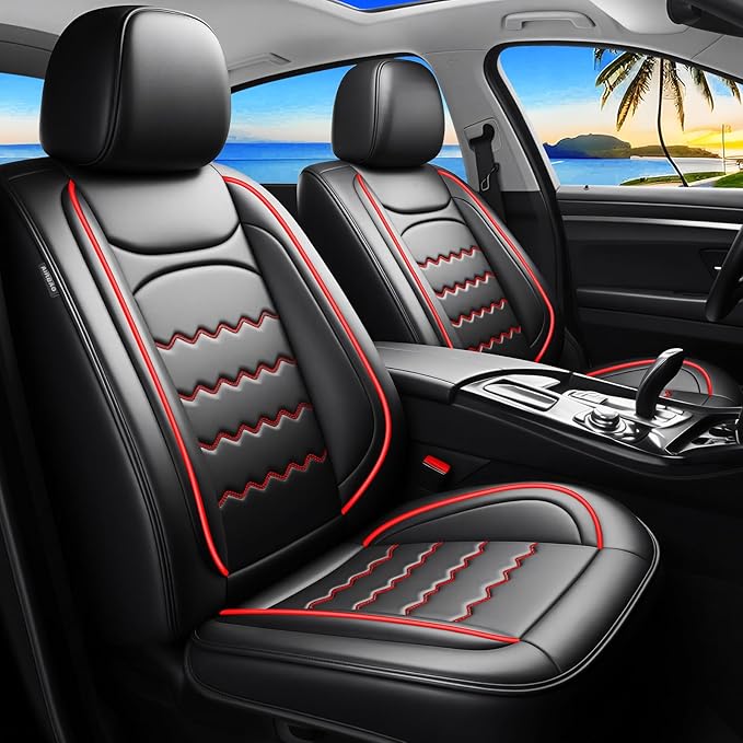 Car Seat Covers Compatible with Mazda 6 2007-2021, Full Coverage Premium Leather Waterproof Breathable Seat Covers, Automotive Seat Protectors, Airbag Compatible(2 Front Seats, Black & Red)