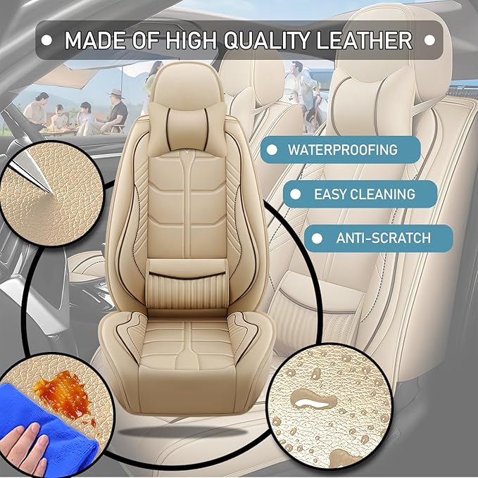 Leather Car Seat Covers Fit for Toyota Corolla iM 2017-2018, 5 Seater Car Seat Cover, Premium Waterproof, Scratch Resistant Car Interior Accessories (Full Set with Pillow Beige)