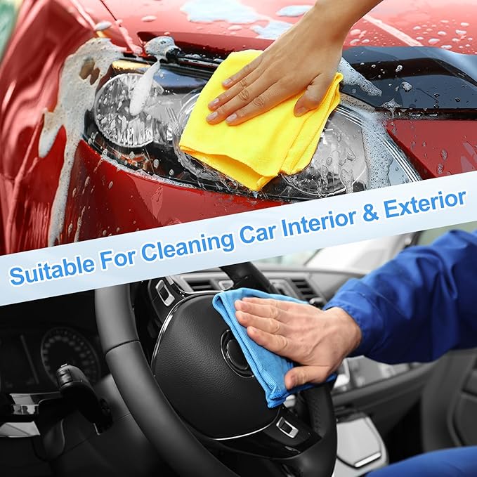HARFINGTON 4 Pack Microfiber Cleaning Cloth, 12" x 12" Multi-Functional Cleaning Towels Reusable Absorbent Rags with Hook for Car Wash Kitchen Household Window Clean, Sapphire Blue