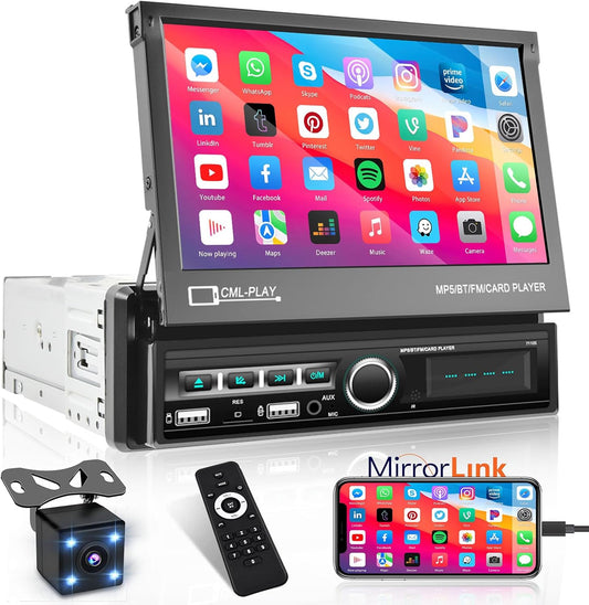 Hikity Single Din Touchscreen Car Stereo 7 Inch Touch Screen Car Radio, Automatic Flip Out Sceen Car Stereo with FM Radio, Bluetooth, Mirror Link, EQ, USB/TF/AUX Input, SWC, Backup Cam